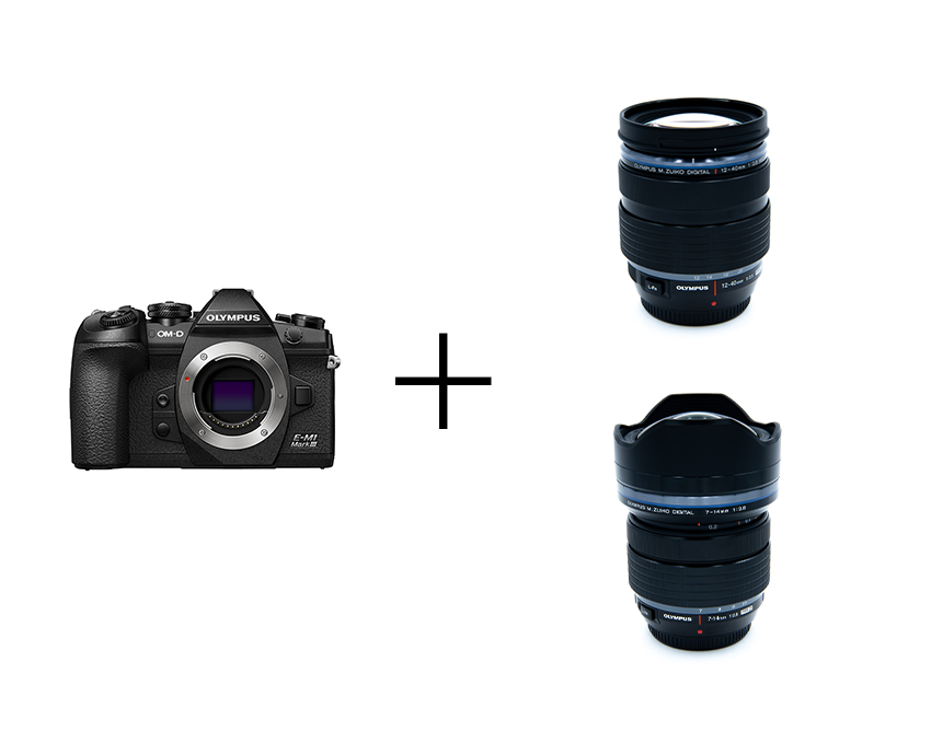 OLYMPUS OM-D E-M1 Mark III & F2.8通しダブルズームセット(広角+標準) OM-D E-M1 Mark III + 7-14mm F2.8 PRO + ED 12-40mm F2.8 PRO