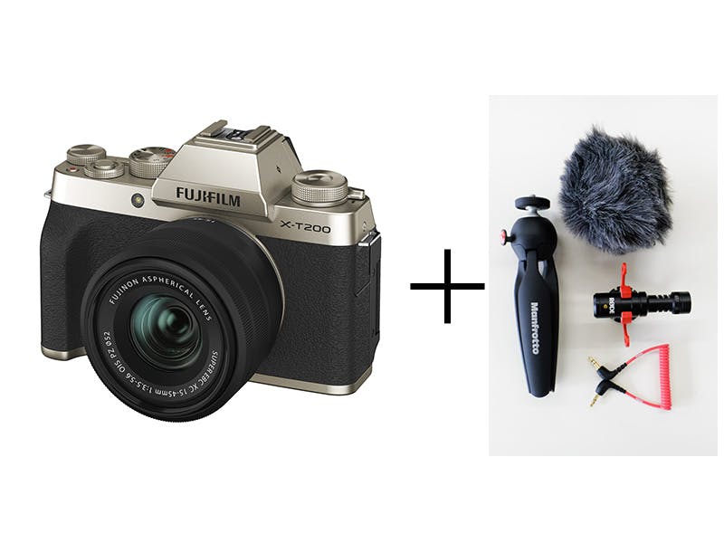 マイクとミニ三脚つき！youtube/Vlog入門キット X-T200 レンズキット [シャンパンゴールド]+ 動画制作アクセサリーセット