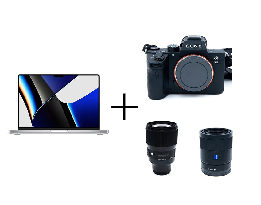 SONY レタッチ用PC付き大人気フルサイズミラーレス & F1.8レンズ2本セット α7 III + 55mm + 135mm + MacBook Pro 2021(Apple M1 Pro チップ) 14inch 16GB 512GB Keyboard - 日本語（JIS）